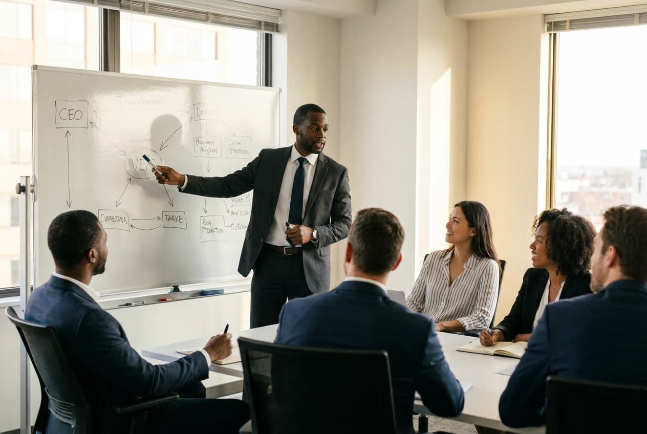 Formateur présentant une stratégie sur tableau blanc à une équipe de dirigeants